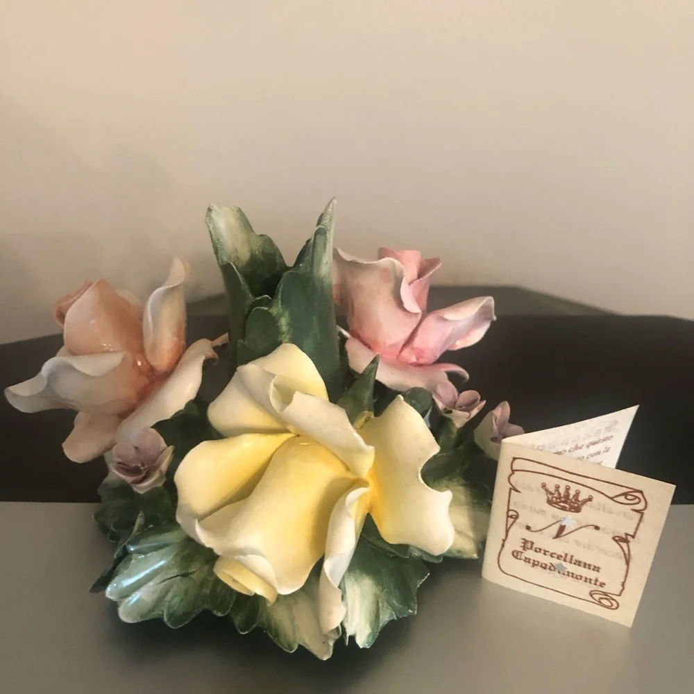 Vintage Capodimonte Yellow Rose Floral Accent with Green Leaves Candleholder